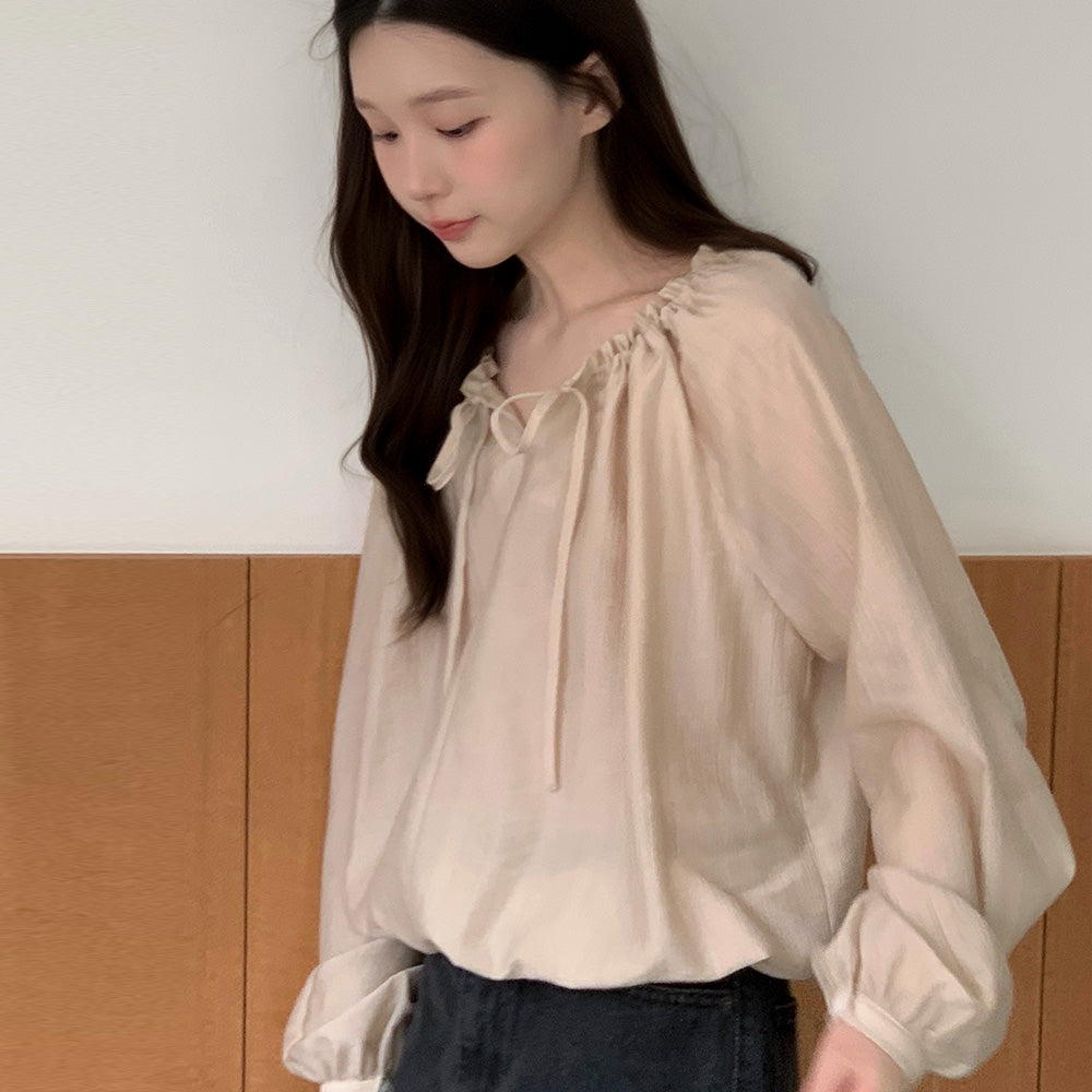SO IR SHIRRING SHEER BLOUSE - BEIGE