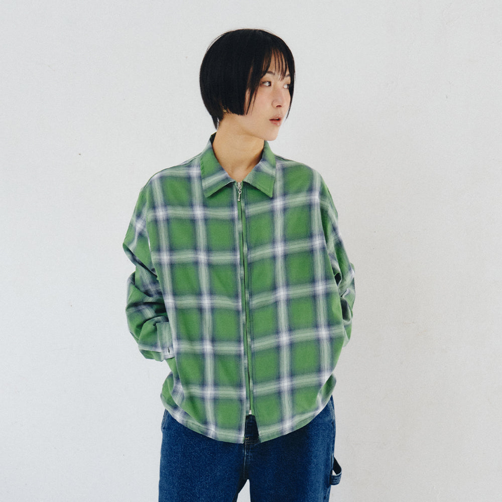 PLZPROJECT PORTLER CHECK ZIP-UP SHIRT, GREEN