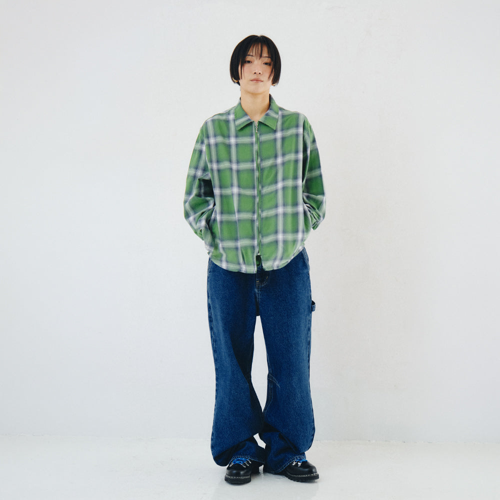 PLZPROJECT PORTLER CHECK ZIP-UP SHIRT, GREEN
