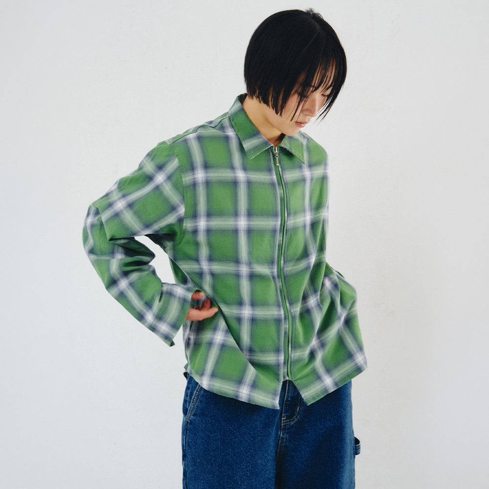 PLZPROJECT PORTLER CHECK ZIP-UP SHIRT, GREEN