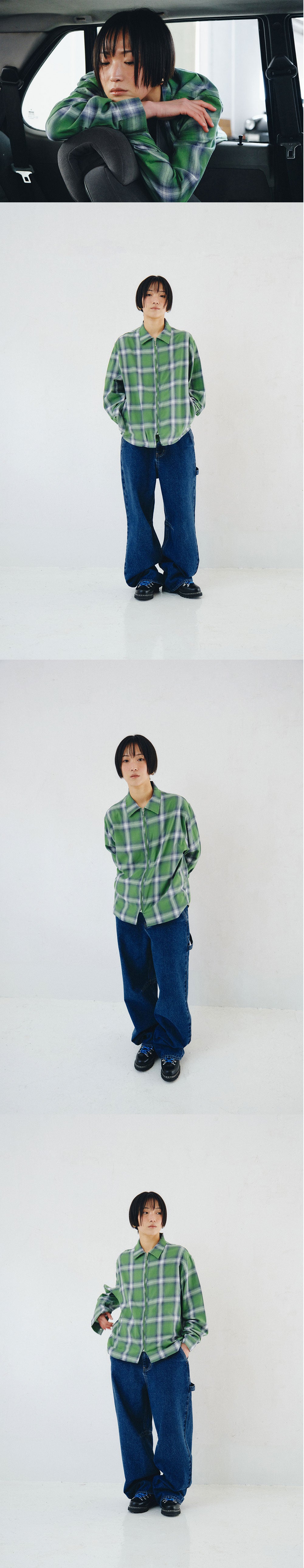 PLZPROJECT PORTLER CHECK ZIP-UP SHIRT, GREEN