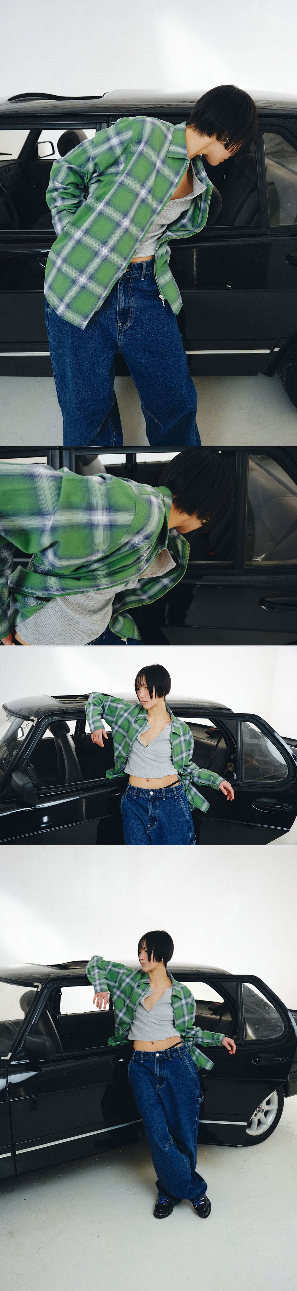 PLZPROJECT PORTLER CHECK ZIP-UP SHIRT, GREEN