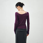 MONGDOL [SET] Boat Neck Layered Ribbed T-Shirt Violet MDTS087VIOLET