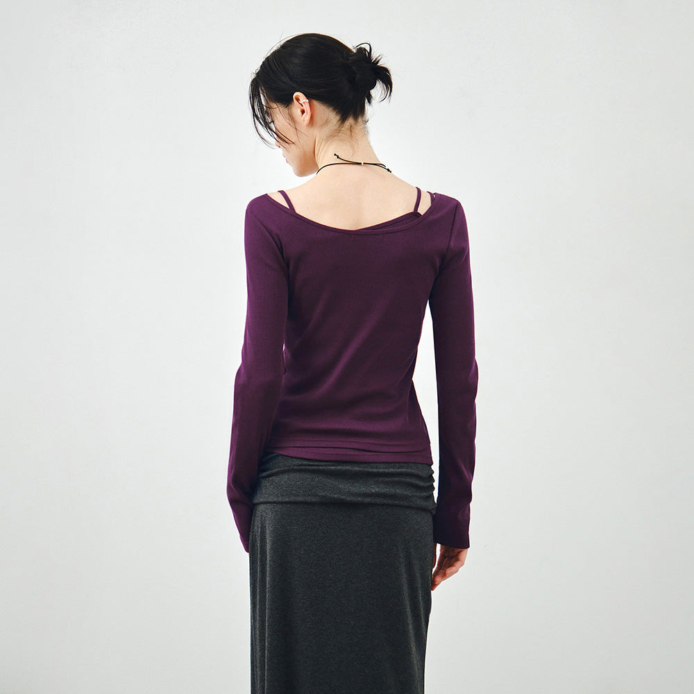 MONGDOL [SET] Boat Neck Layered Ribbed T-Shirt Violet MDTS087VIOLET