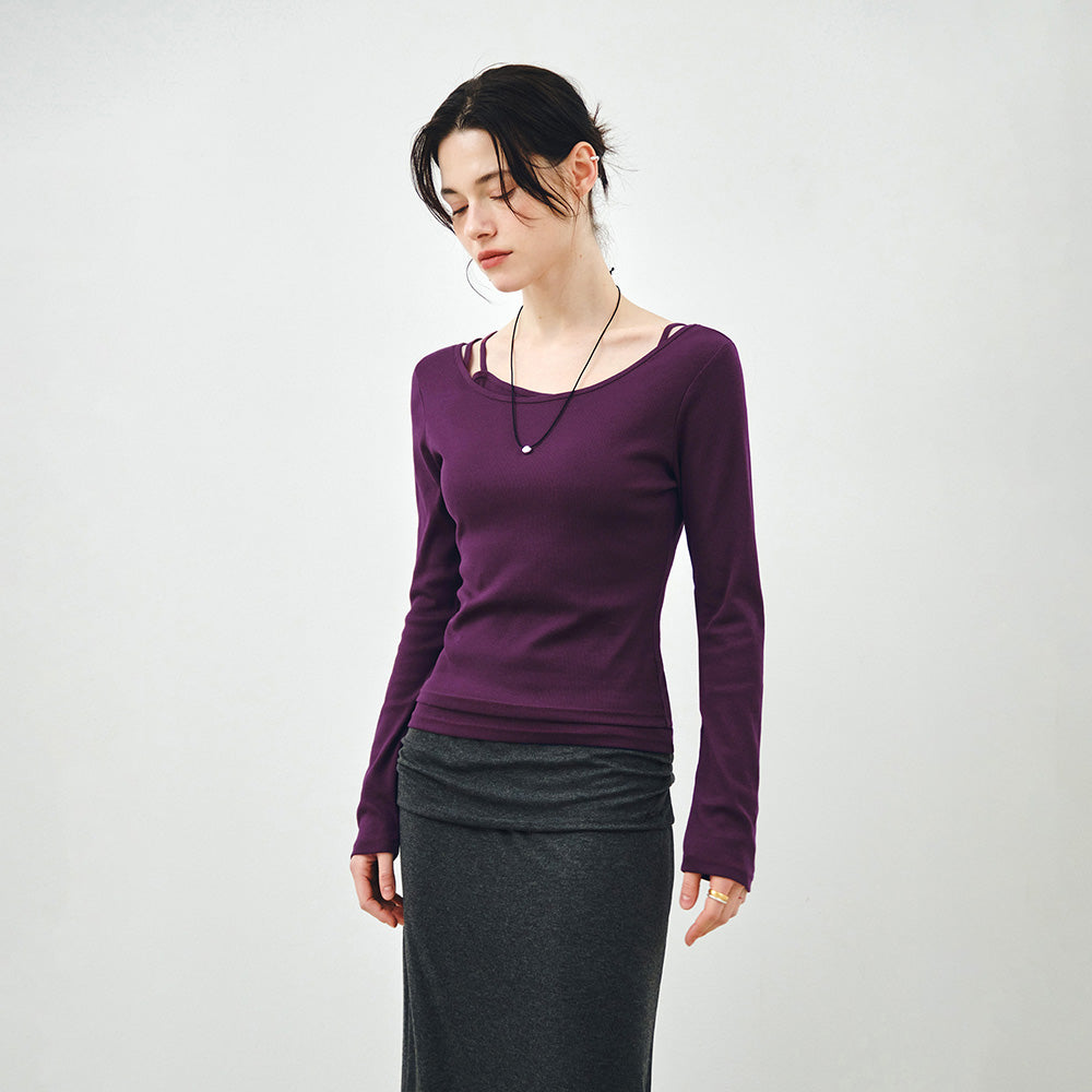 MONGDOL [SET] Boat Neck Layered Ribbed T-Shirt Violet MDTS087VIOLET