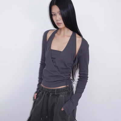 Layered Halter Wrap Long Sleeve_Charcoal