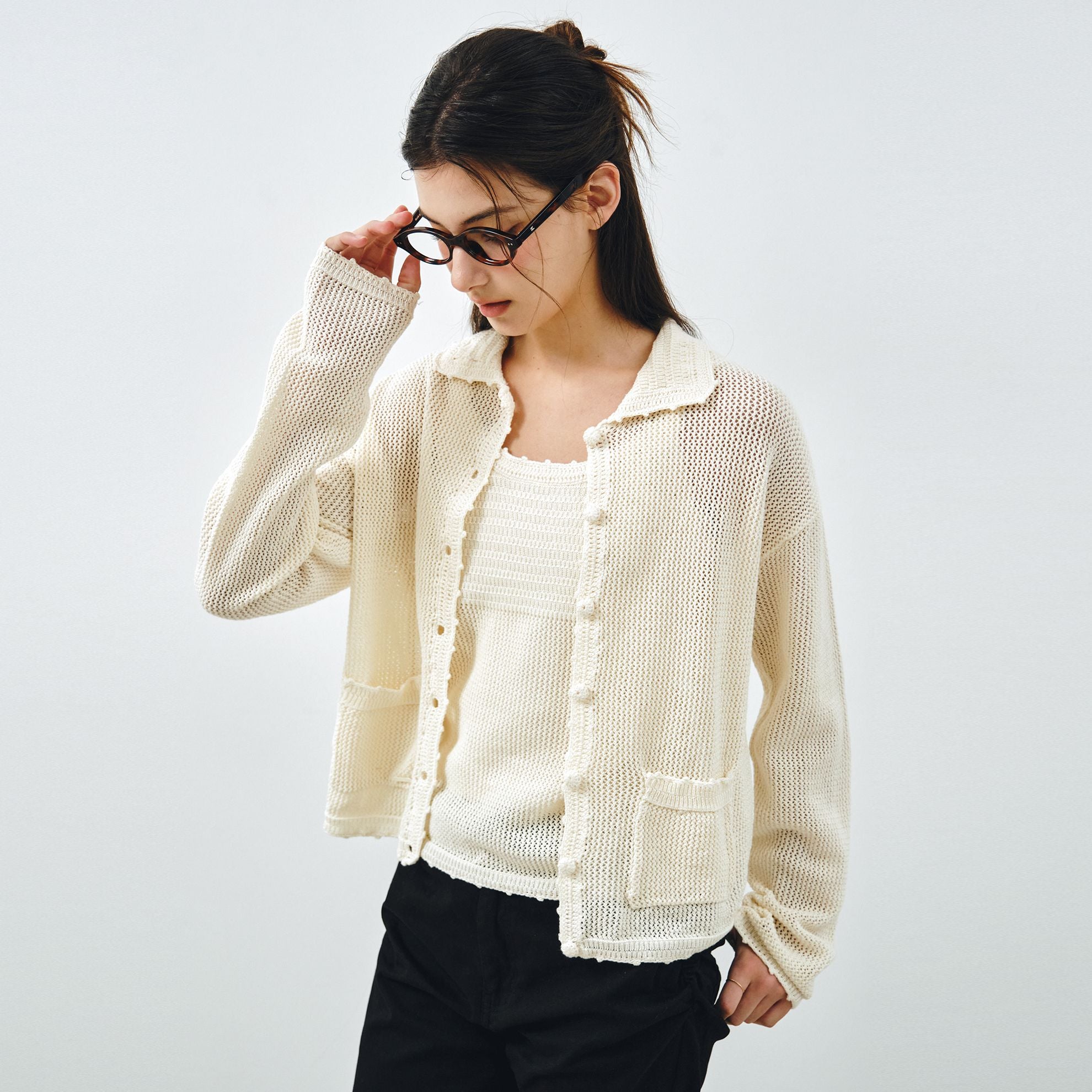MONGDOL [SET] Summer Crochet Collar Cardigan & Sleeveless Cream MDCD057CREAM