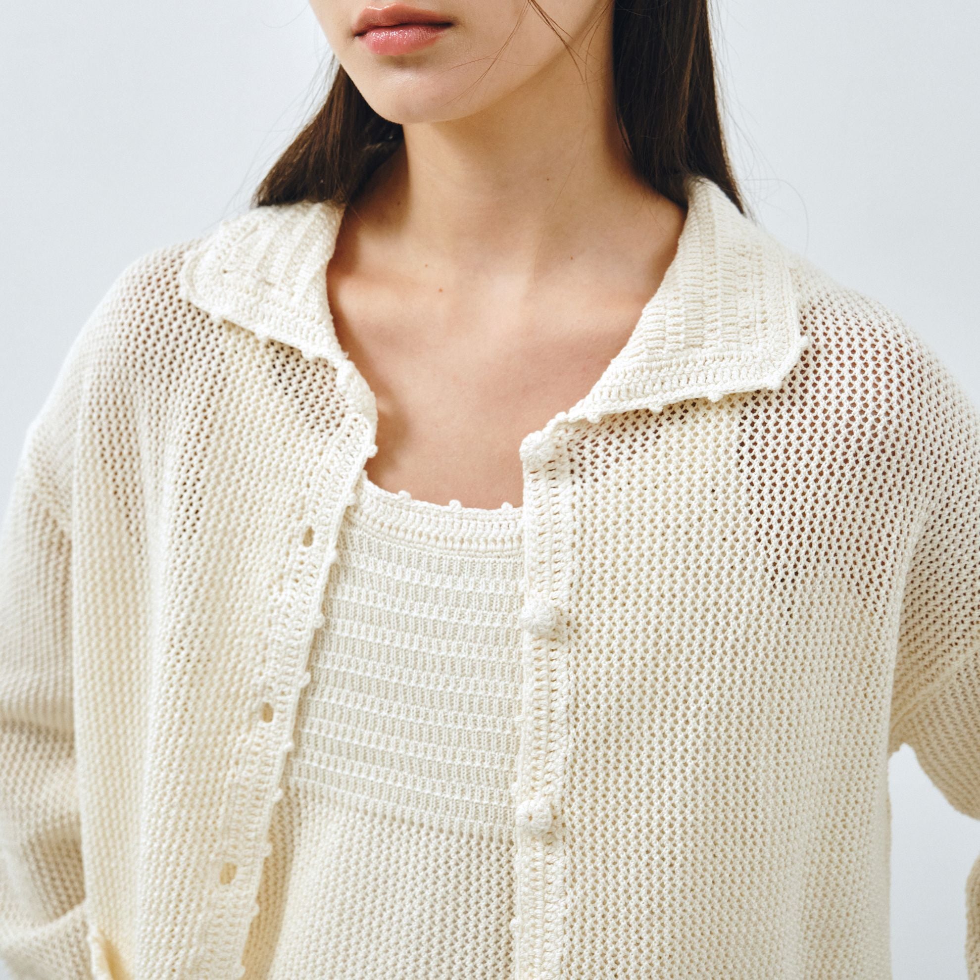 MONGDOL [SET] Summer Crochet Collar Cardigan & Sleeveless Cream MDCD057CREAM