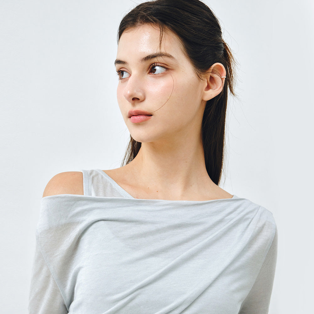 MONGDOL [SET] One-shoulder draping layered t-shirt sky blue MDTS088SKYBLUE