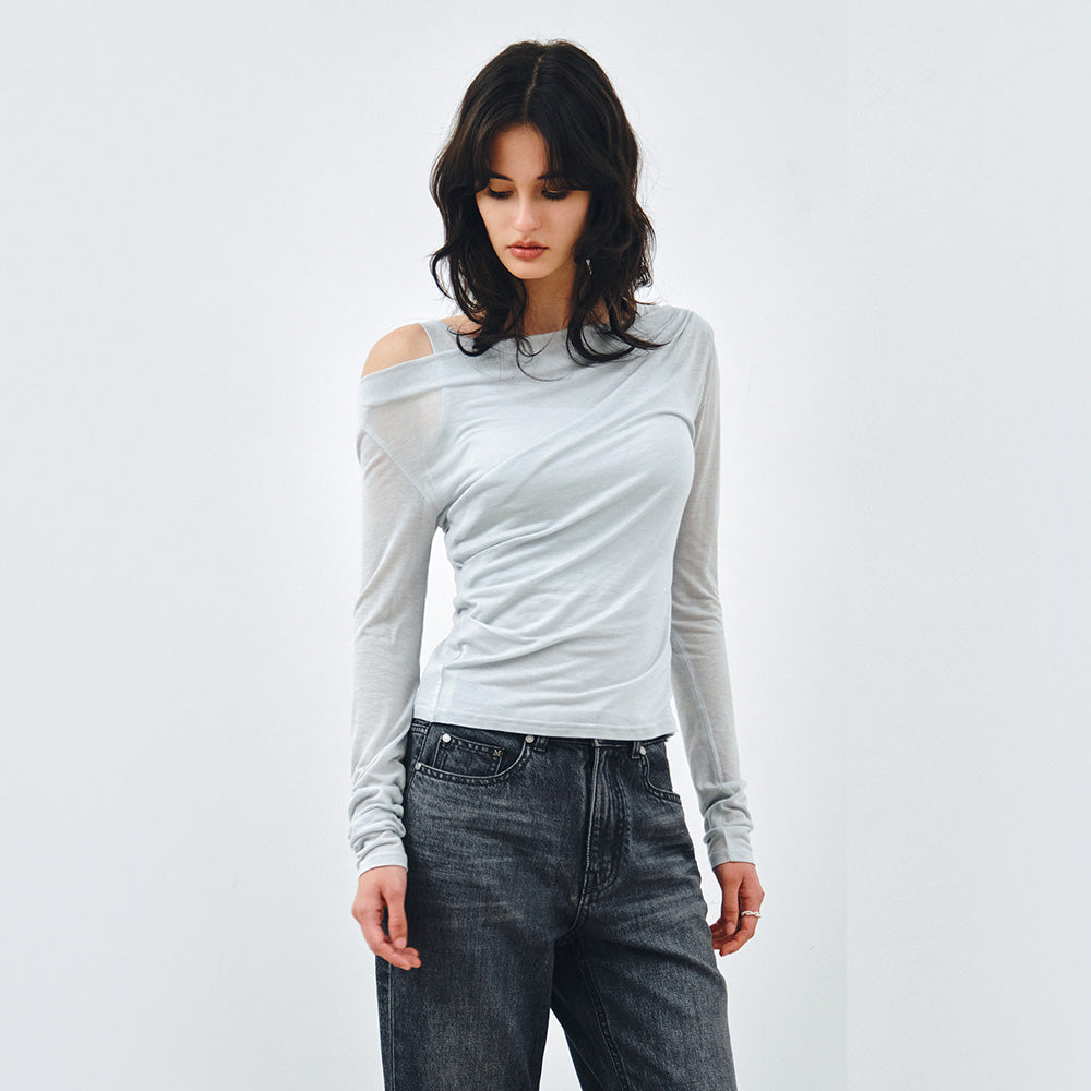 MONGDOL [SET] One-shoulder draping layered t-shirt sky blue MDTS088SKYBLUE