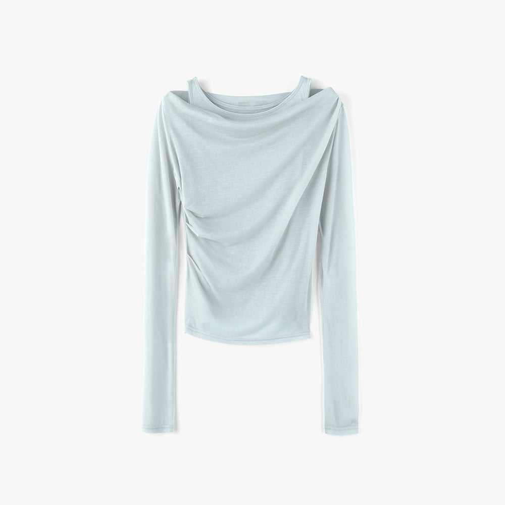 MONGDOL [SET] One-shoulder draping layered t-shirt sky blue MDTS088SKYBLUE
