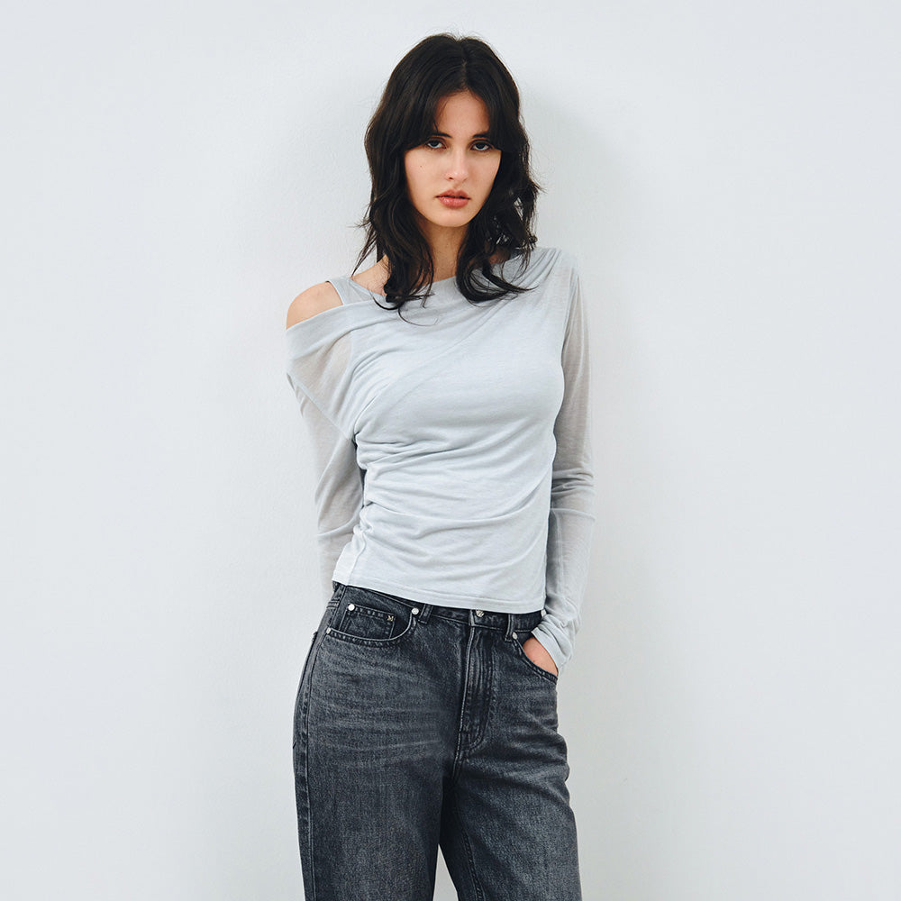 MONGDOL [SET] One-shoulder draping layered t-shirt sky blue MDTS088SKYBLUE