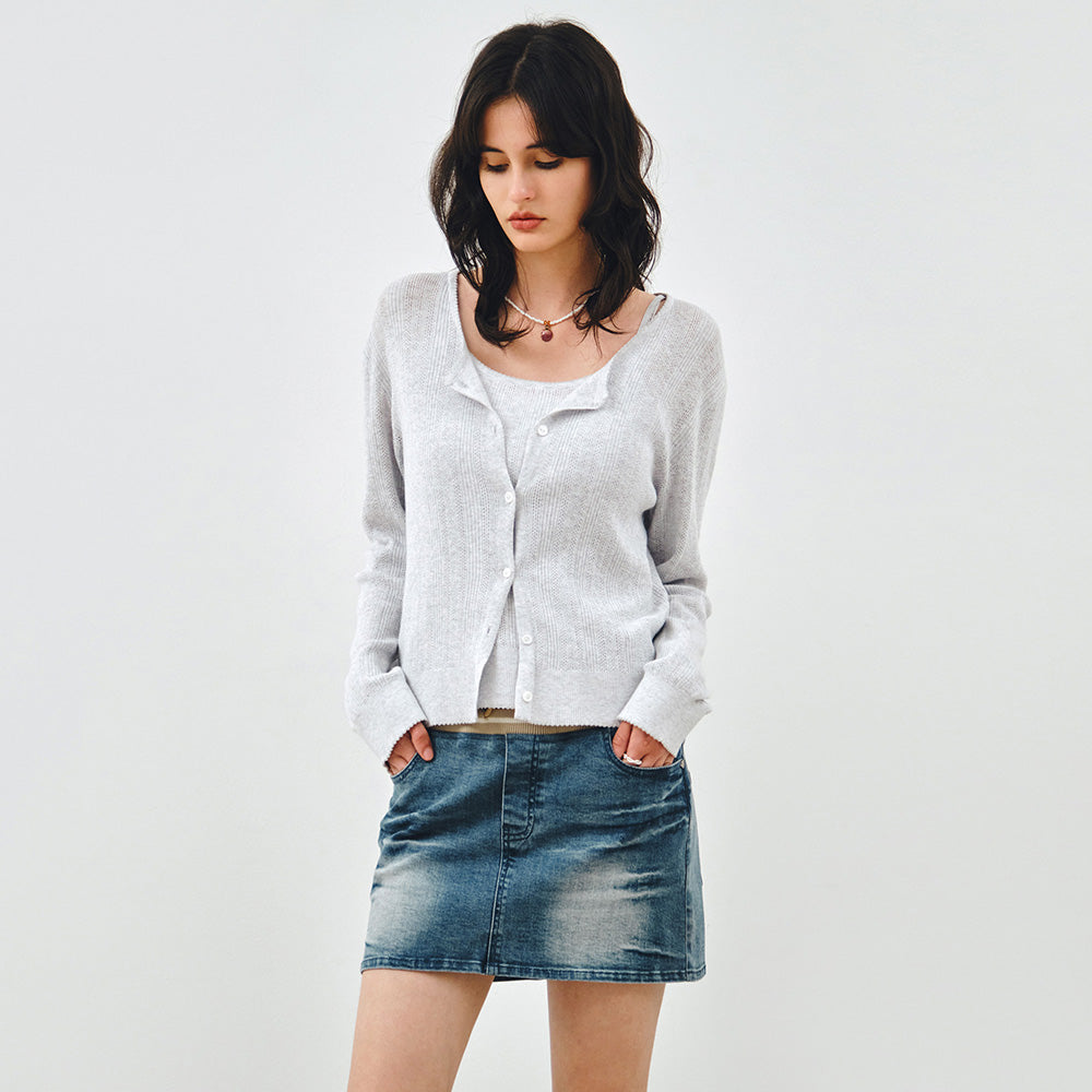 MONGDOL [SET] Cotton eyelet knit cardigan & sleeveless gray MDCD061GRAY