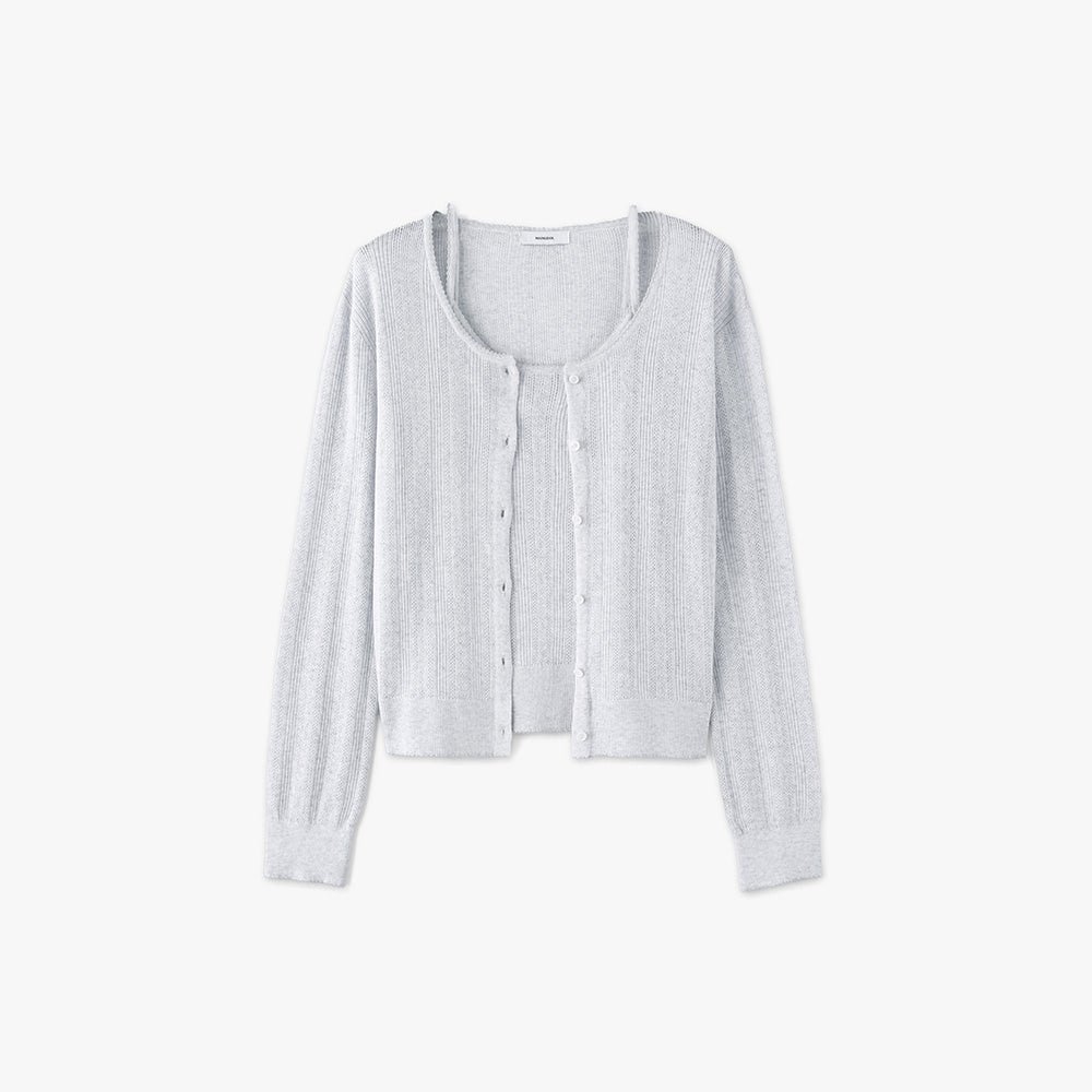 MONGDOL [SET] Cotton eyelet knit cardigan & sleeveless gray MDCD061GRAY