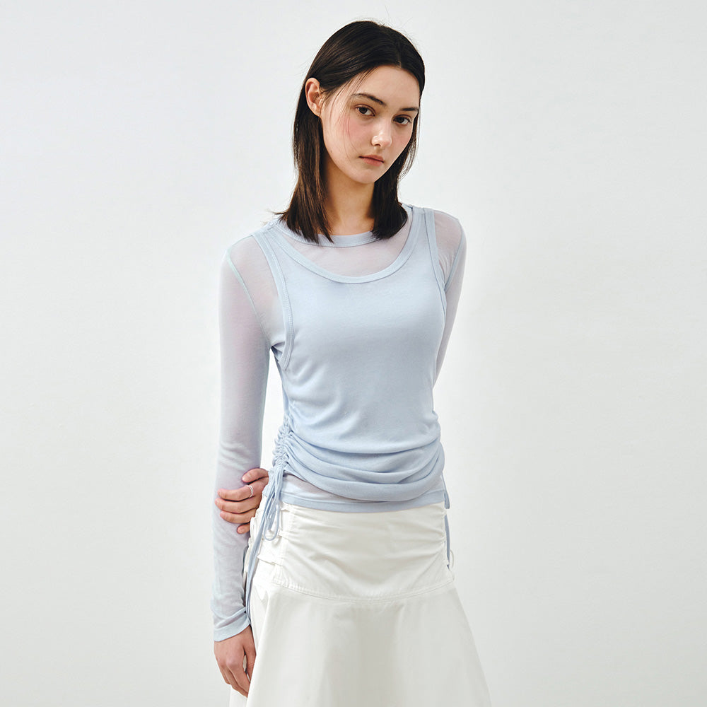 MONGDOL [SET] Side shirring layered t-shirt sky blue MDTS067SKYBLUE