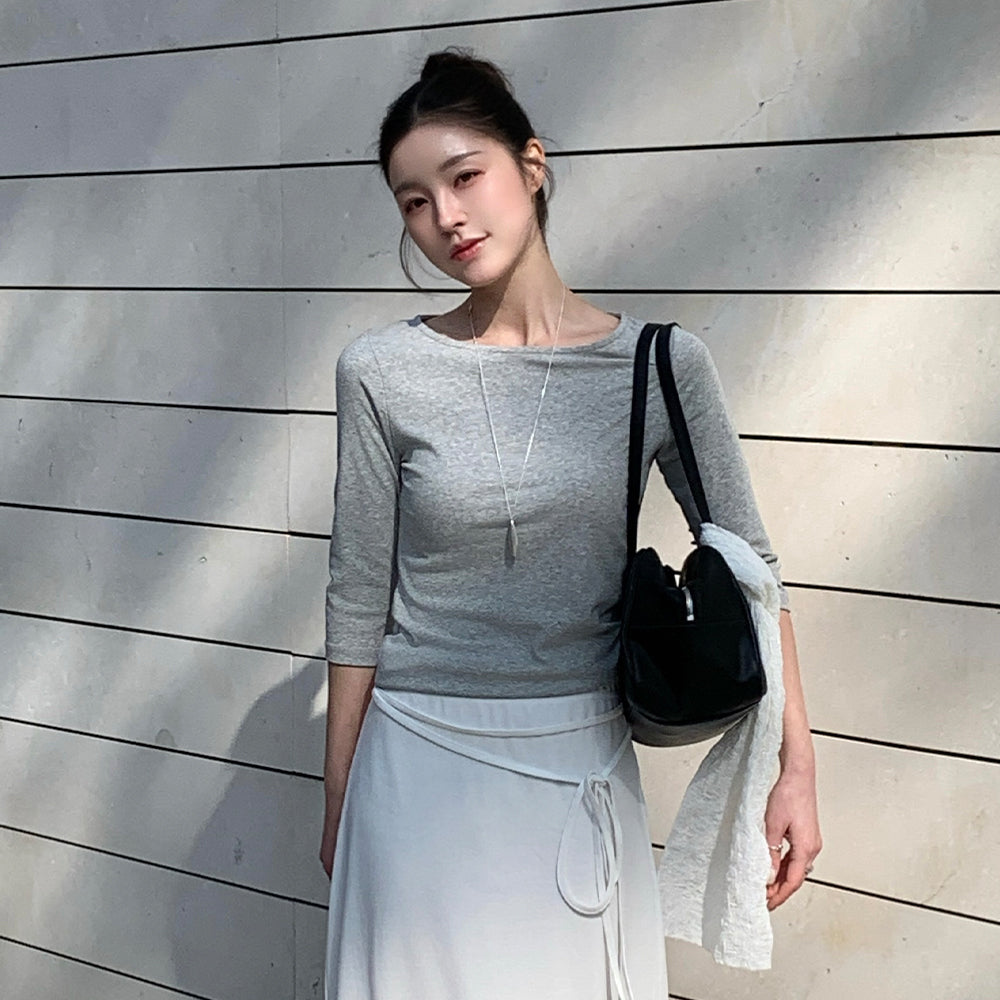 TEXT ROOM Minimal Boat Neck T-shirts_Grey