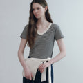 FOR YOUR EYES ONLY Fleu Stripe V-neck T-shirt (Black)