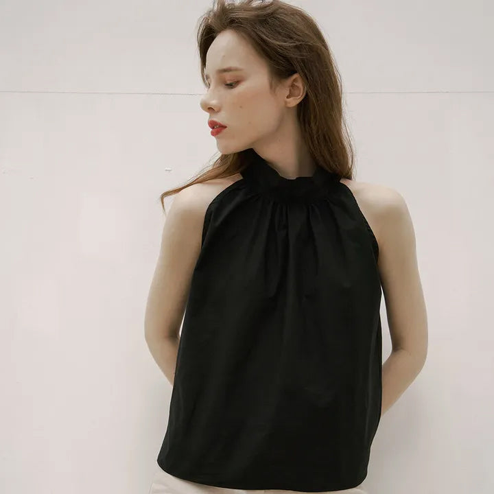 320showroom Shirring Halter Neck Back Button Blouse-2color