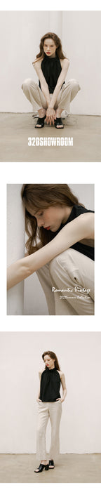 320showroom Shirring Halter Neck Back Button Blouse-2color