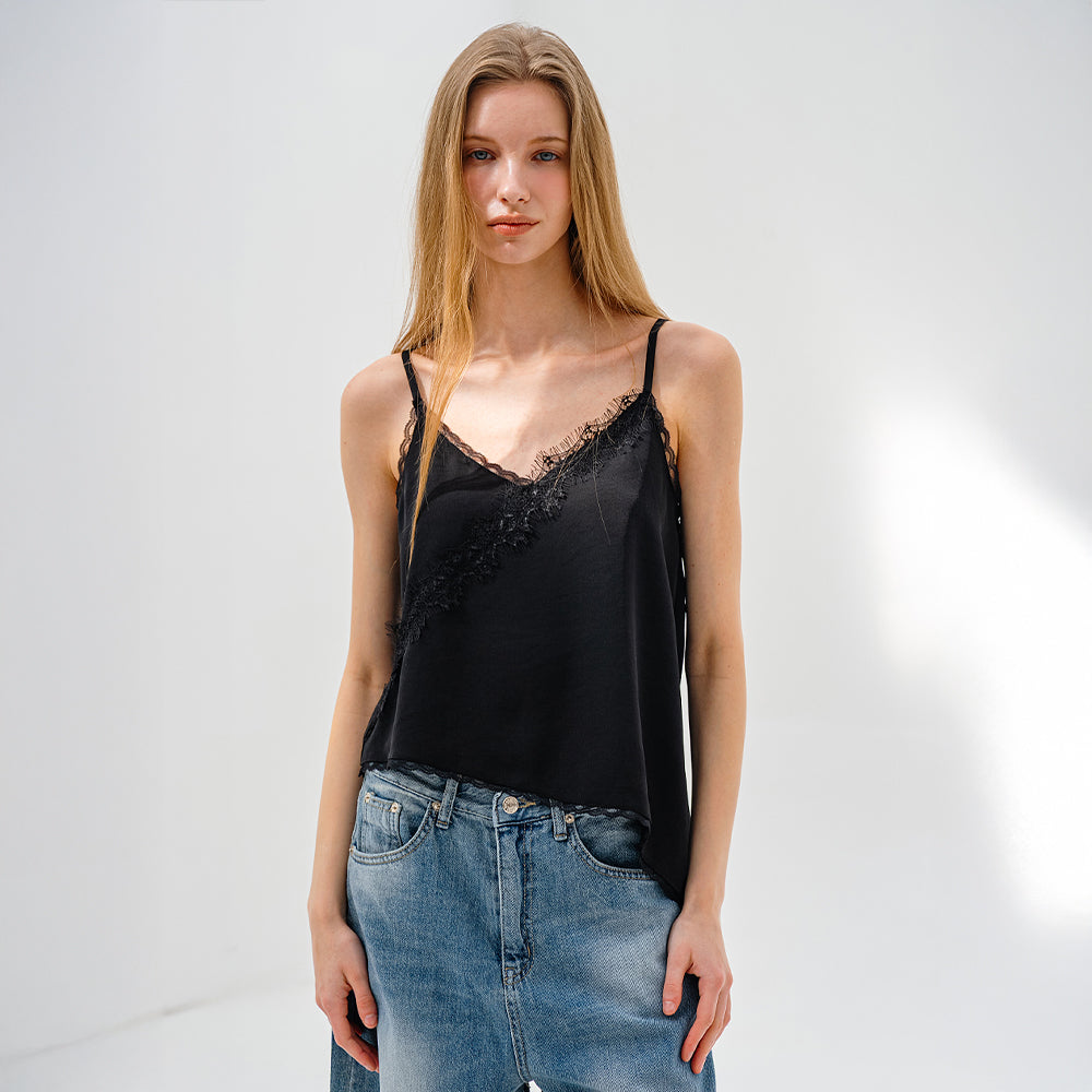 MORELIKEIT Lace unbalanced sleeveless top BLACK