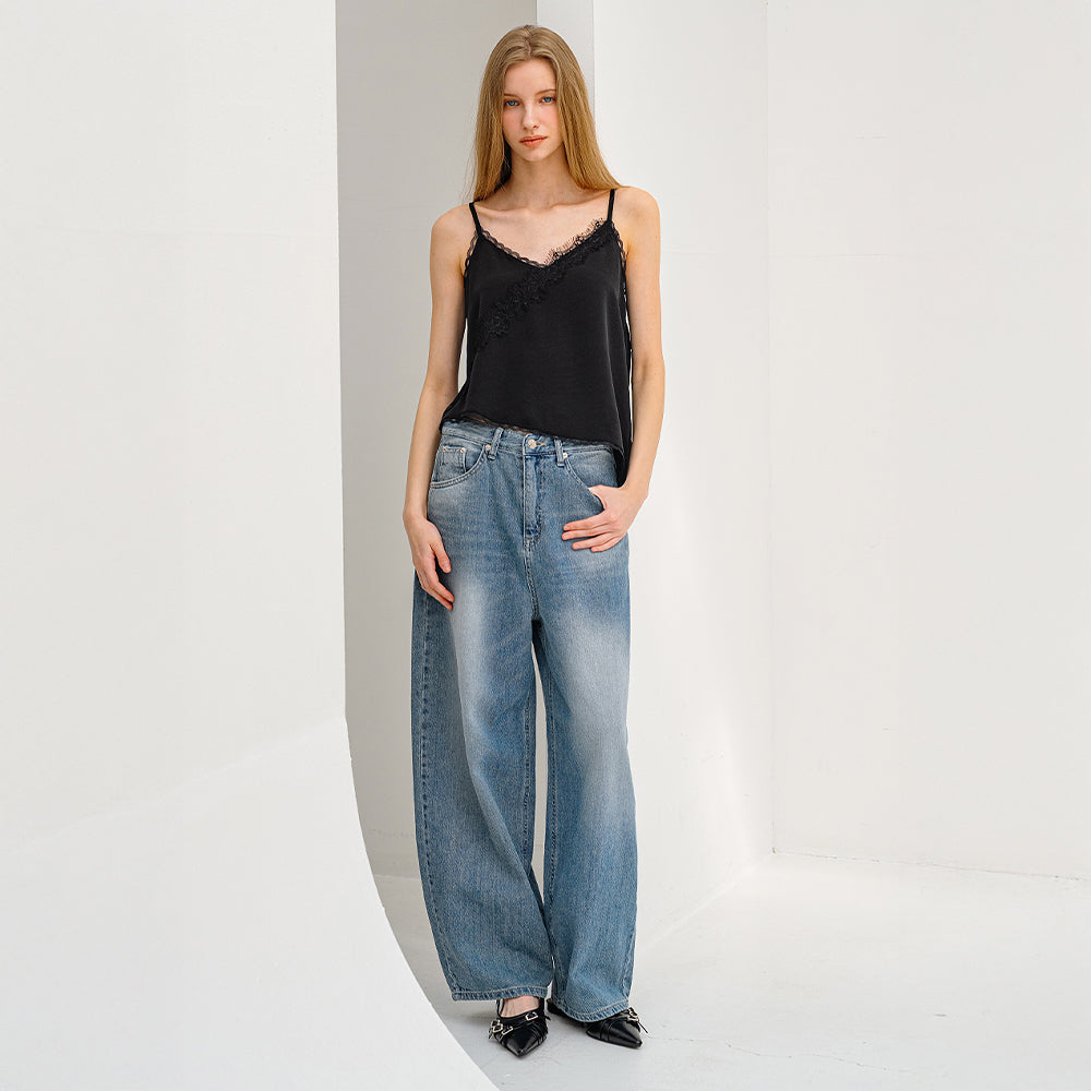 MORELIKEIT Lace unbalanced sleeveless top BLACK