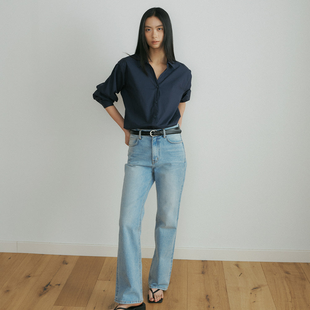LINGSEOUL v-neck cotton shirt-navy