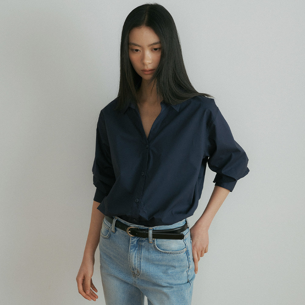 LINGSEOUL v-neck cotton shirt-navy
