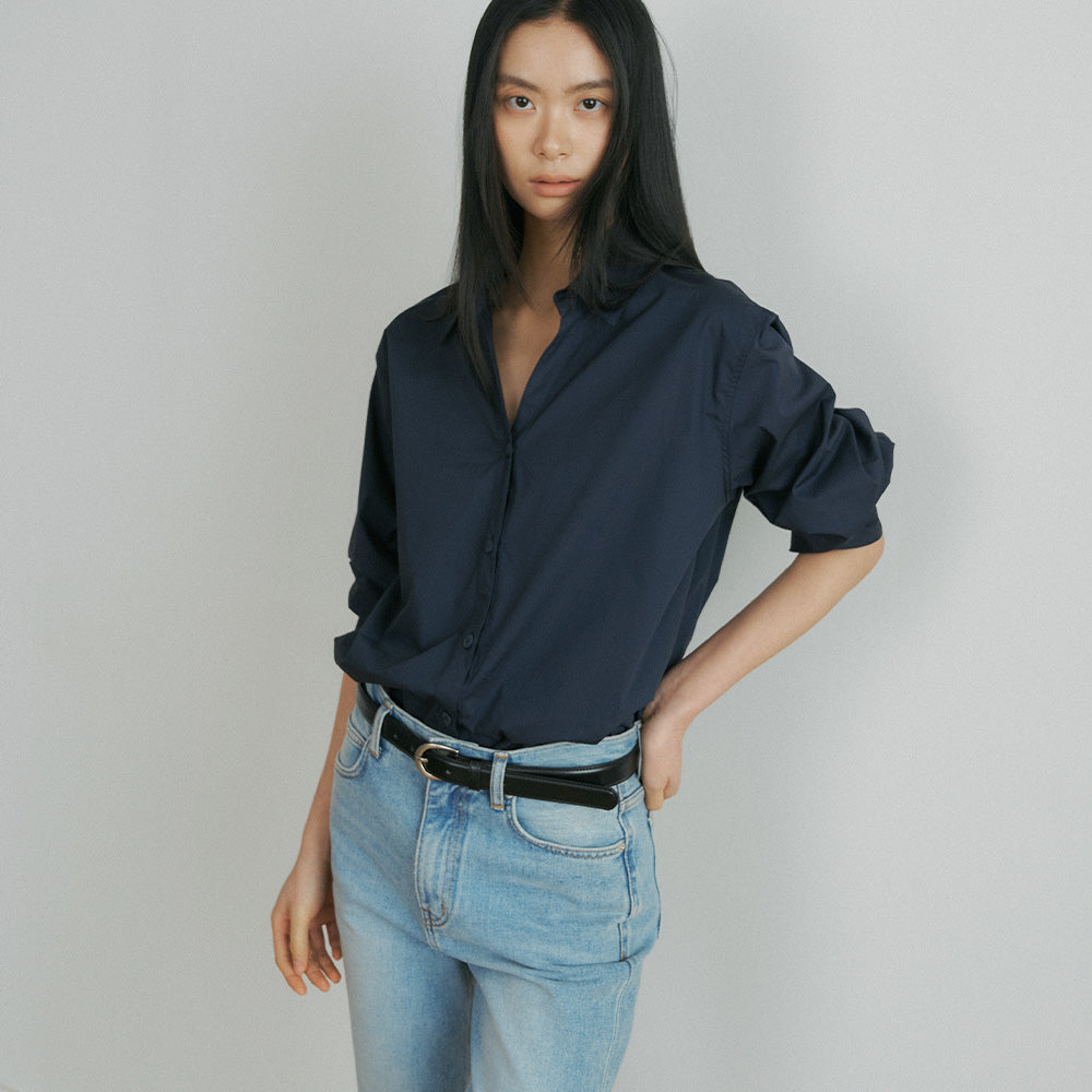 LINGSEOUL v-neck cotton shirt-navy