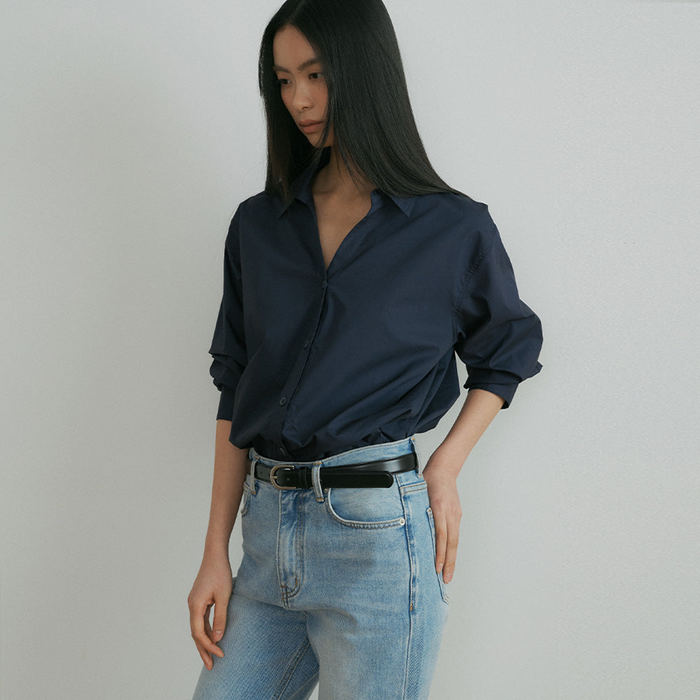 LINGSEOUL v-neck cotton shirt-navy