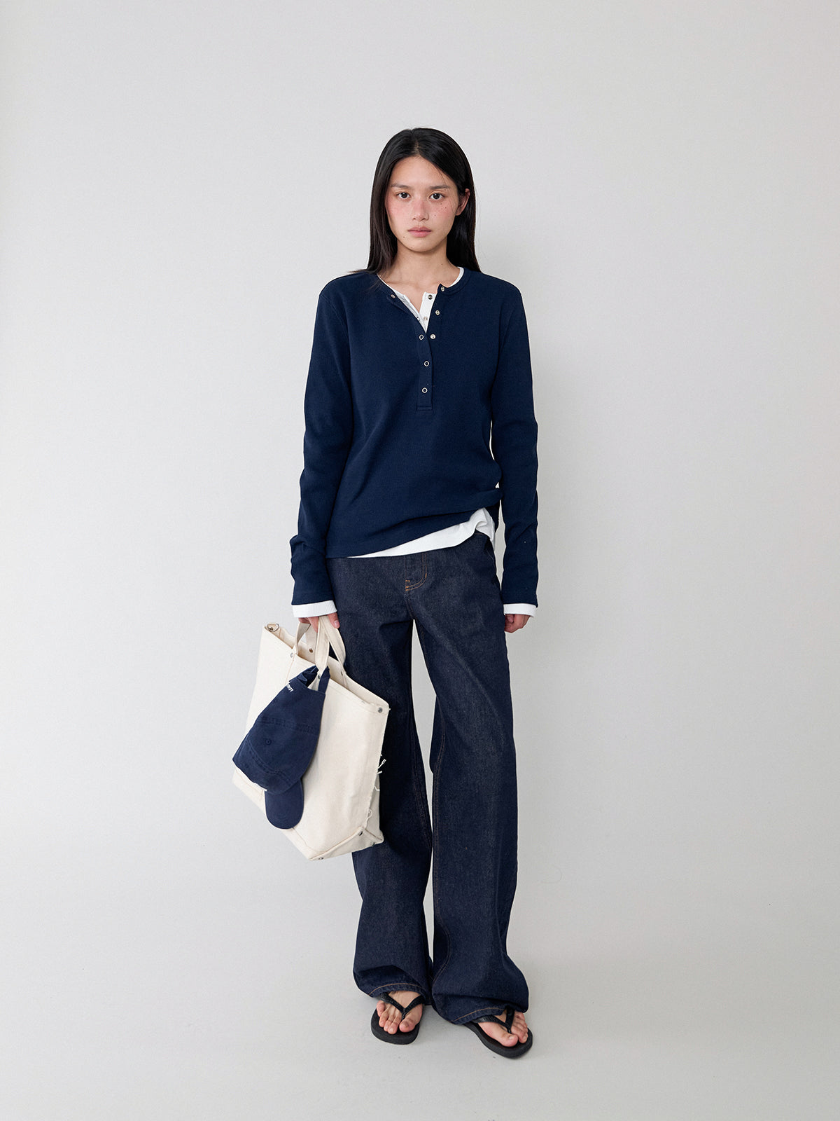 L'EAU [3rd] Tom waffle henley t-shirt_navy