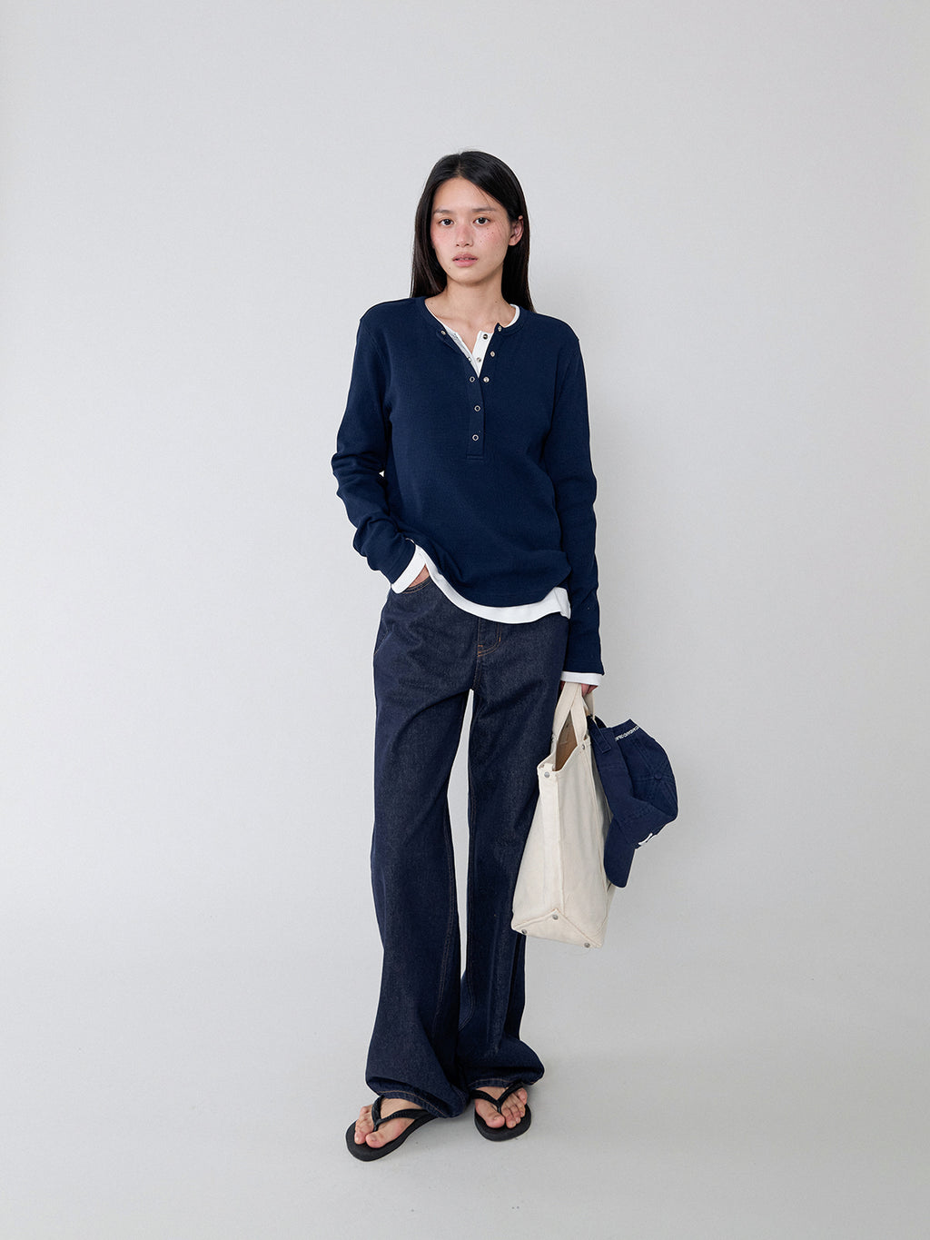 L'EAU [3rd] Tom waffle henley t-shirt_navy
