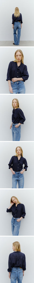 BLANK03 check pin-tuck blouse (navy)