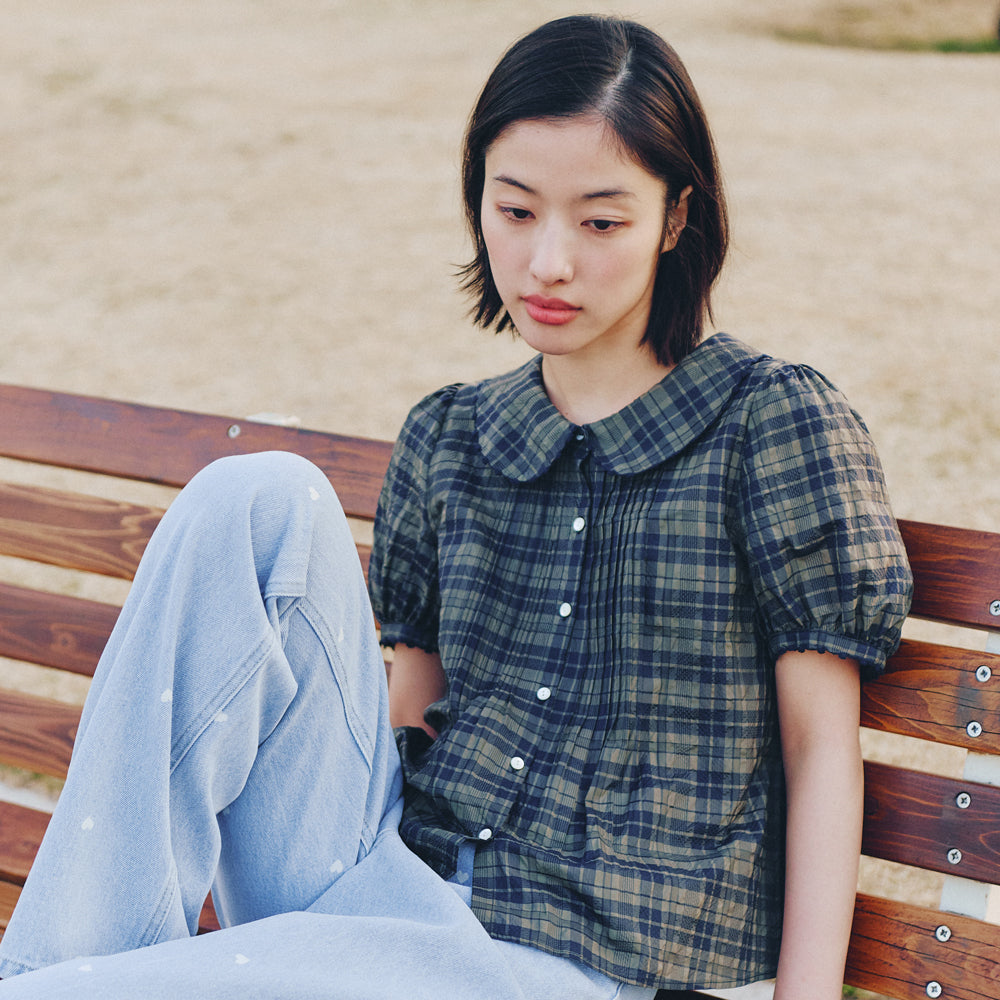 MUSED Mused Pintuck Hand Emb Blouse - Khaki Check