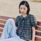 MUSED Mused Pintuck Hand Emb Blouse - Khaki Check