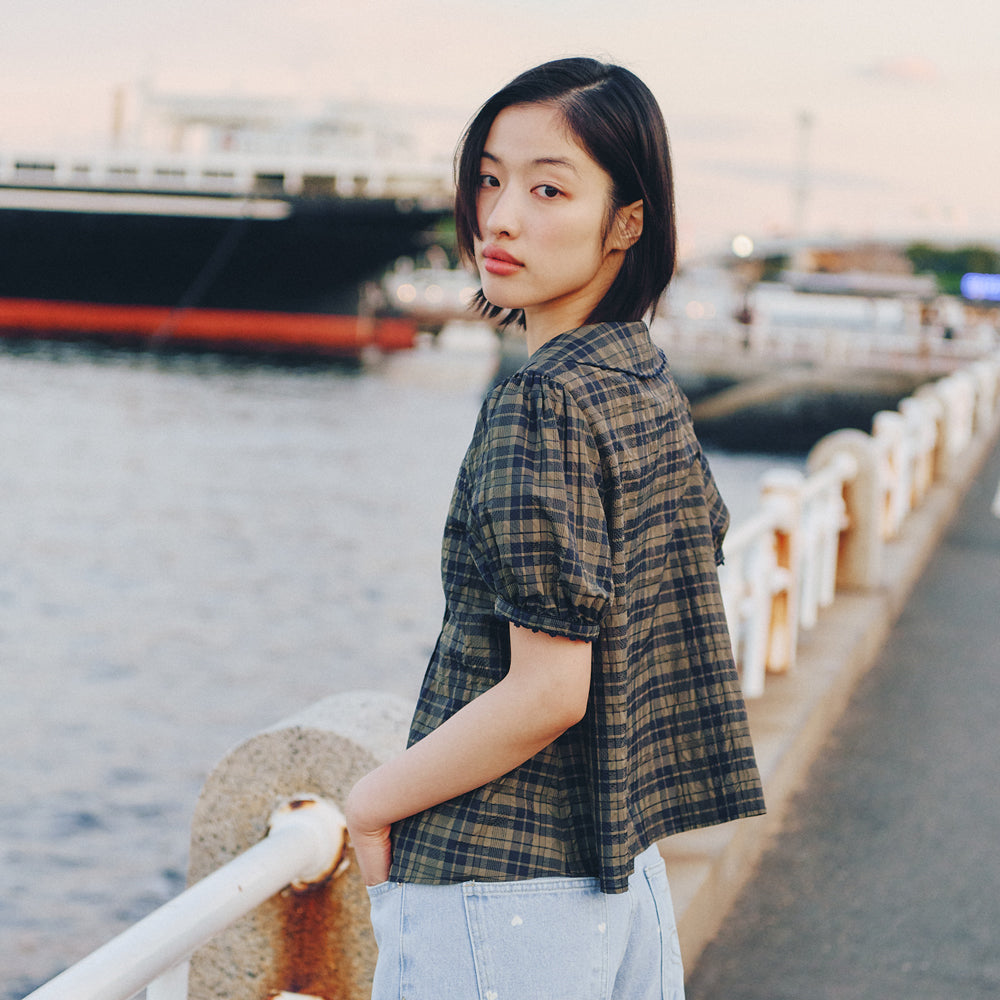 MUSED Mused Pintuck Hand Emb Blouse - Khaki Check