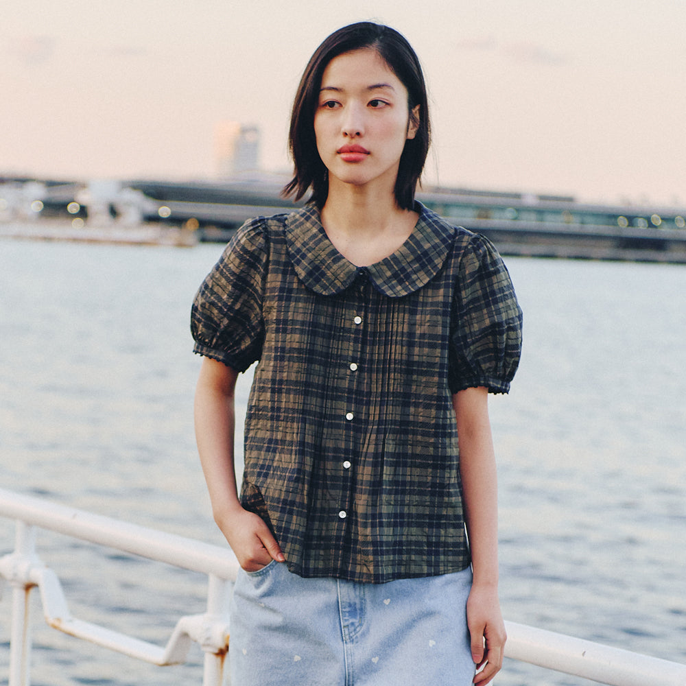 MUSED Mused Pintuck Hand Emb Blouse - Khaki Check