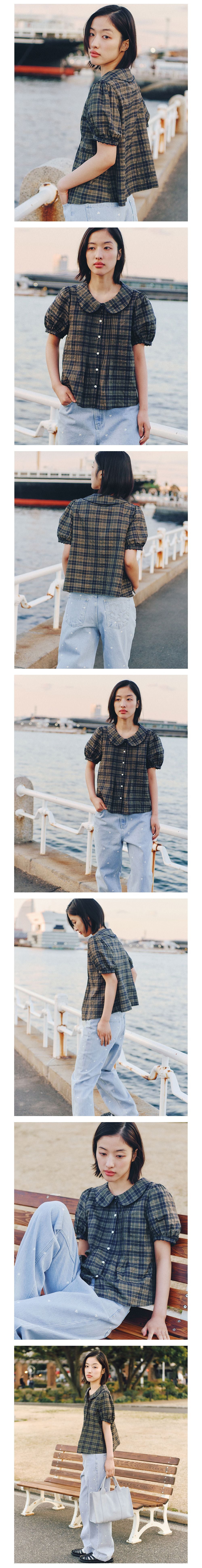 MUSED Mused Pintuck Hand Emb Blouse - Khaki Check