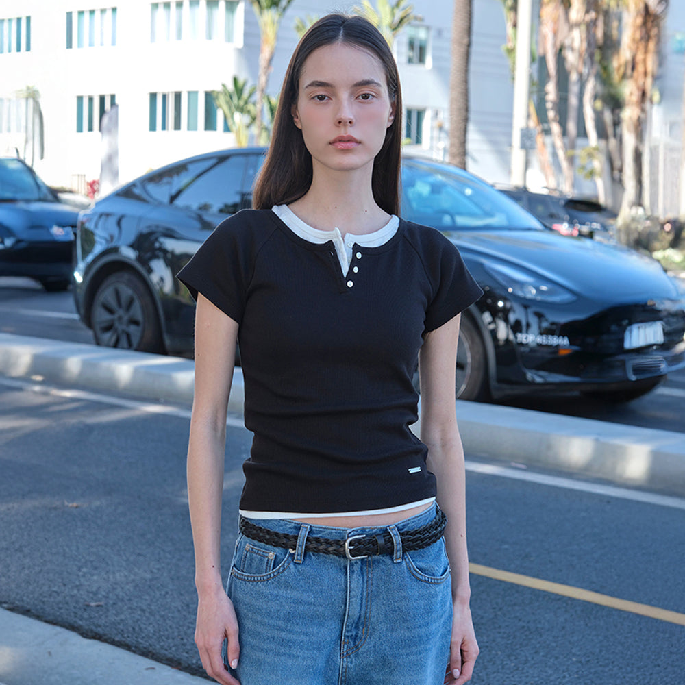 SOMEWHEREBUTTER [2nd] Lay Button Raglan Top - Black