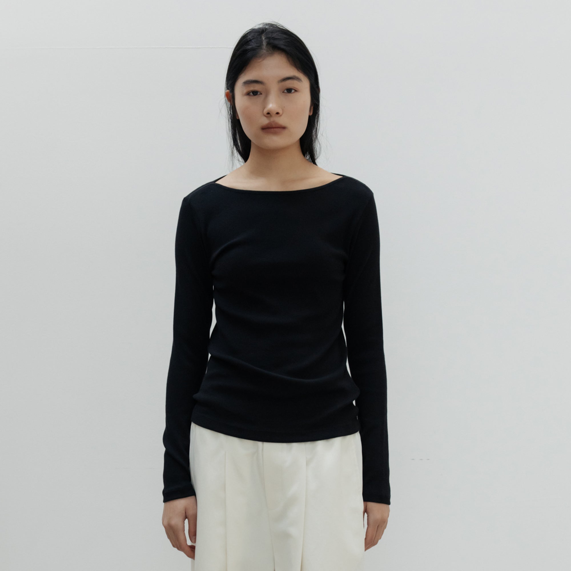 NCSSRY Slim Ribbed Boat Neck Top (Black)