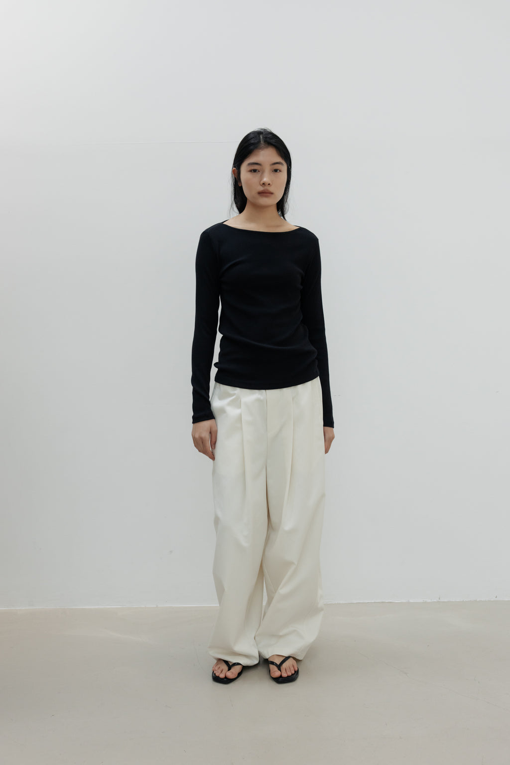NCSSRY Slim Ribbed Boat Neck Top (Black)