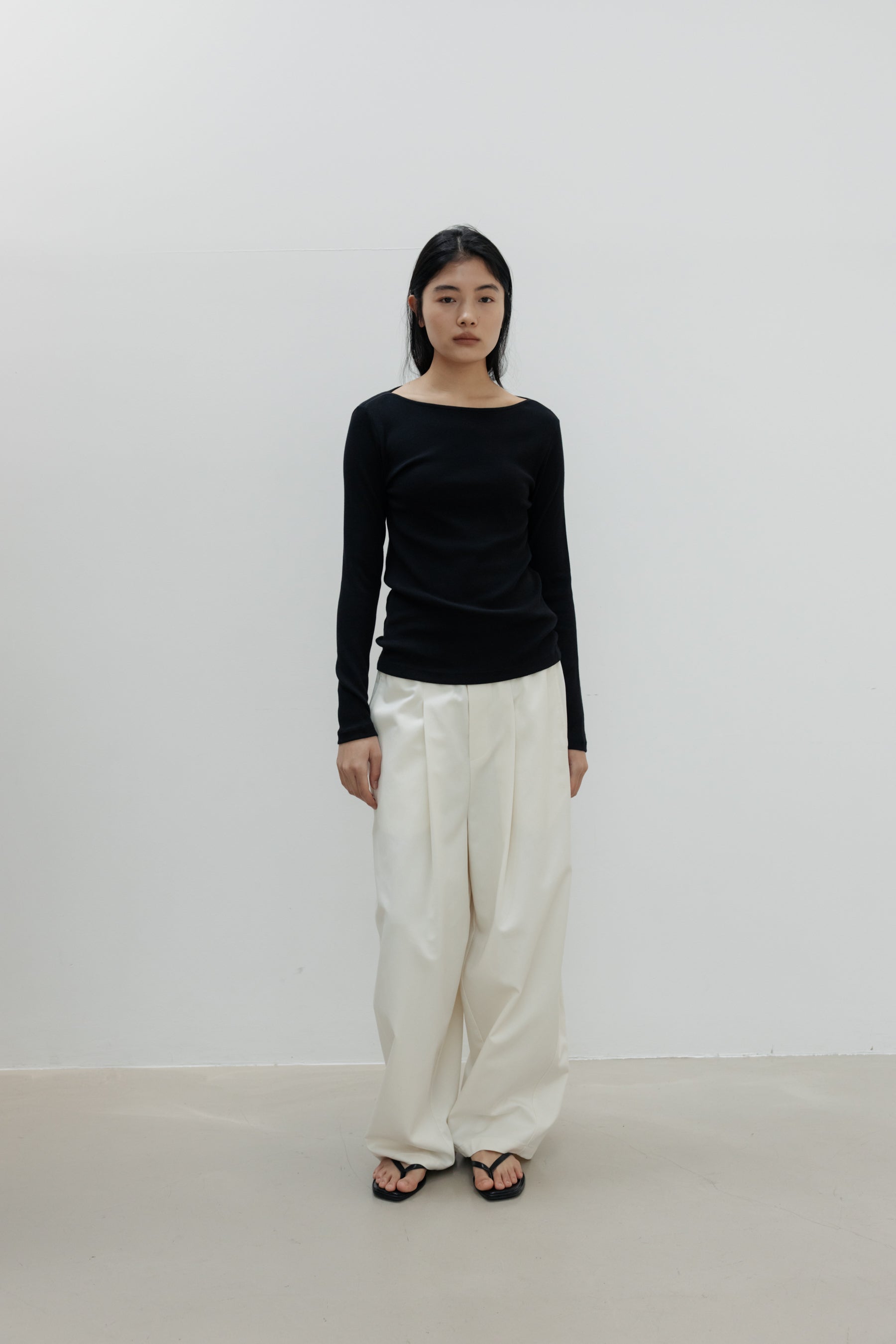 NCSSRY Slim Ribbed Boat Neck Top (Black)
