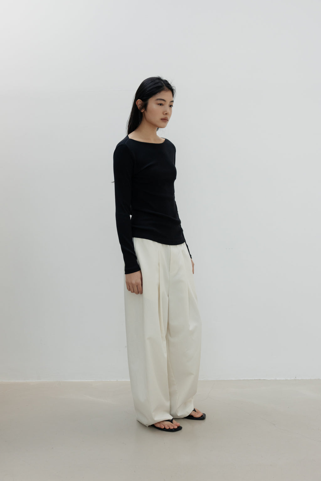 NCSSRY Slim Ribbed Boat Neck Top (Black)
