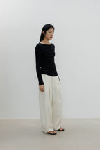 NCSSRY Slim Ribbed Boat Neck Top (Black)