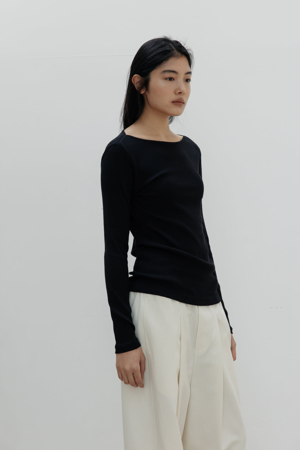 NCSSRY Slim Ribbed Boat Neck Top (Black)