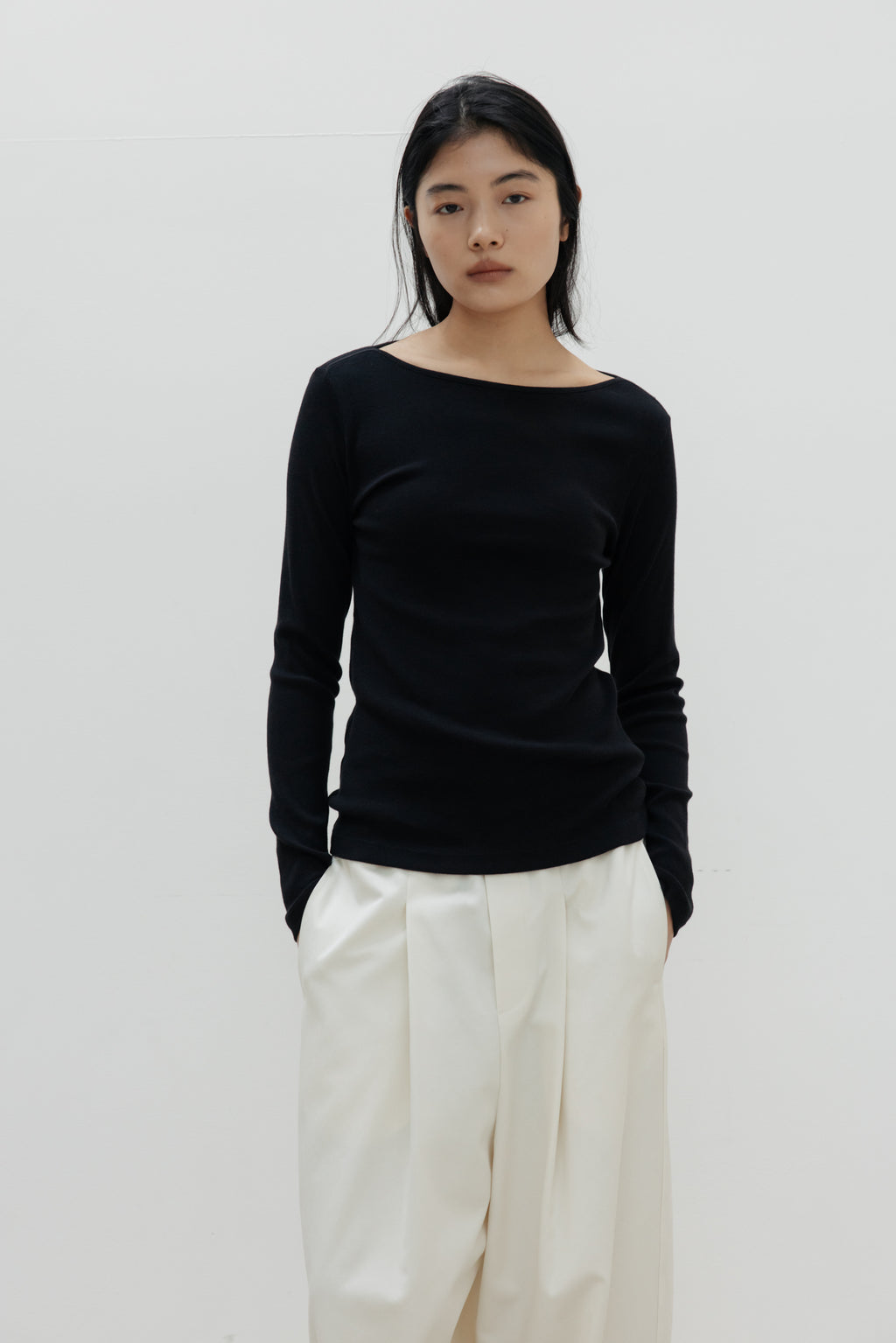 NCSSRY Slim Ribbed Boat Neck Top (Black)
