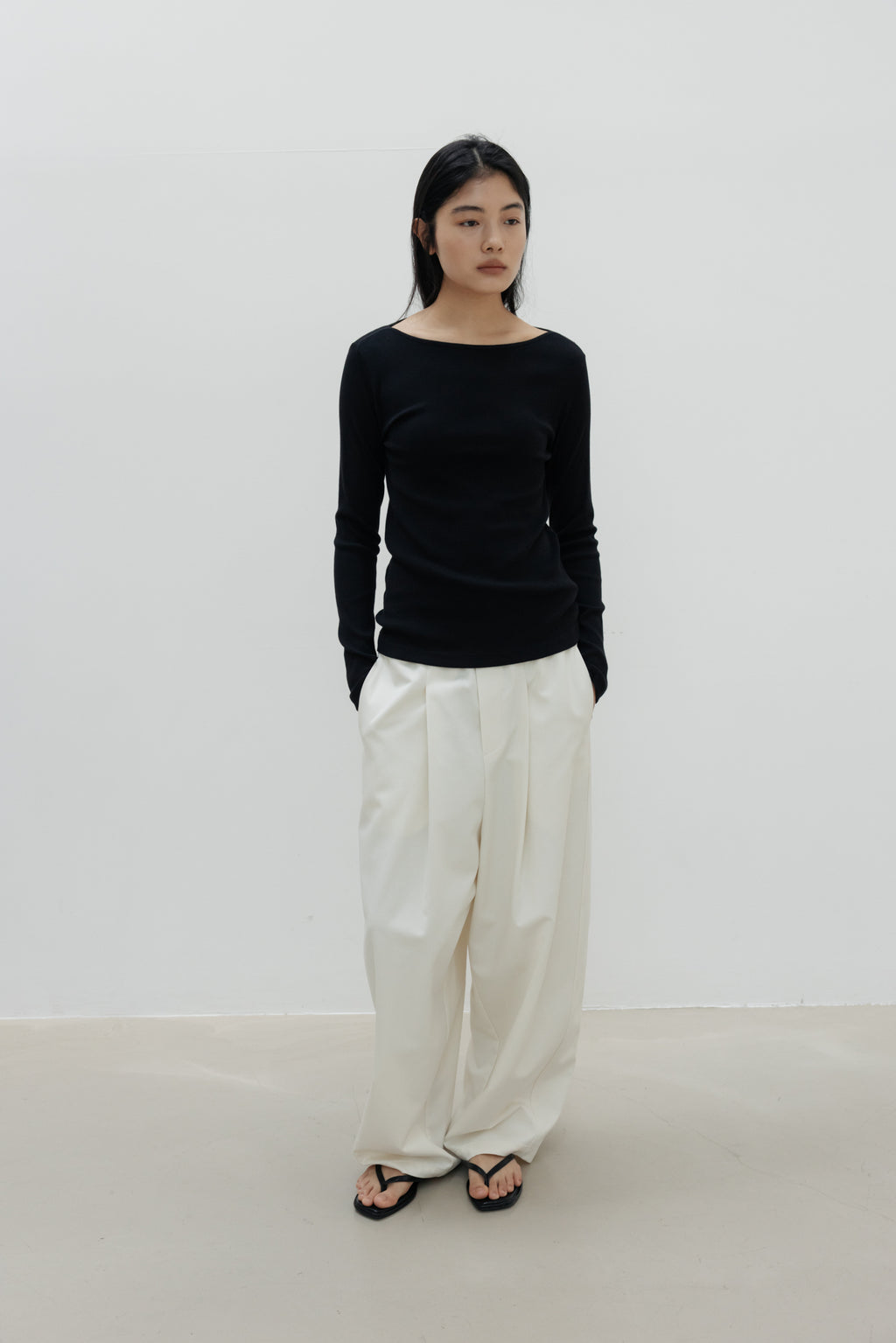 NCSSRY Slim Ribbed Boat Neck Top (Black)
