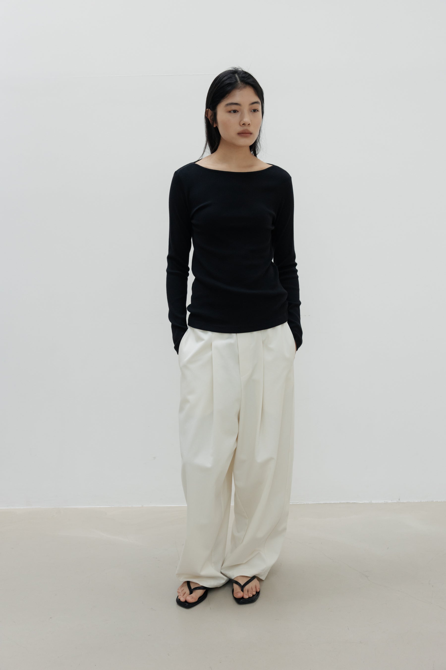 NCSSRY Slim Ribbed Boat Neck Top (Black)