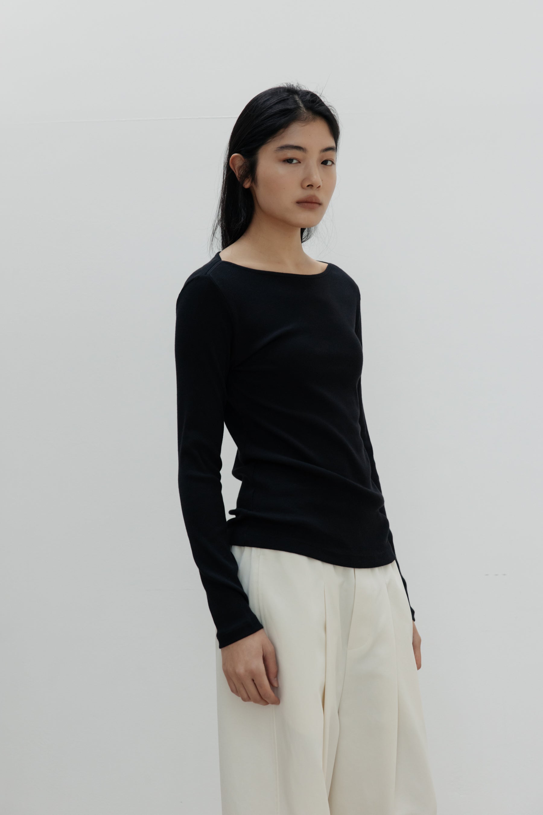 NCSSRY Slim Ribbed Boat Neck Top (Melange Grey)