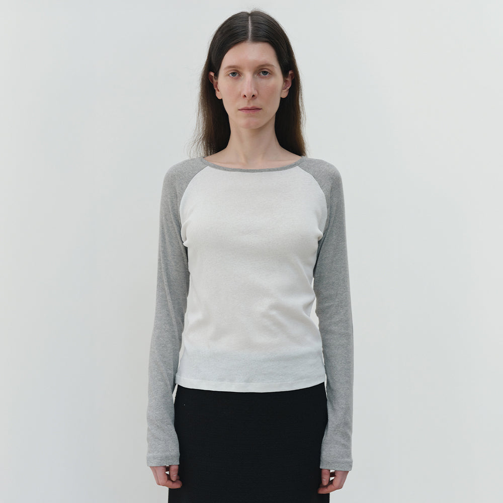 CHE [5th] Fresh Cotton Raglan Long Top - Ivory/Gray