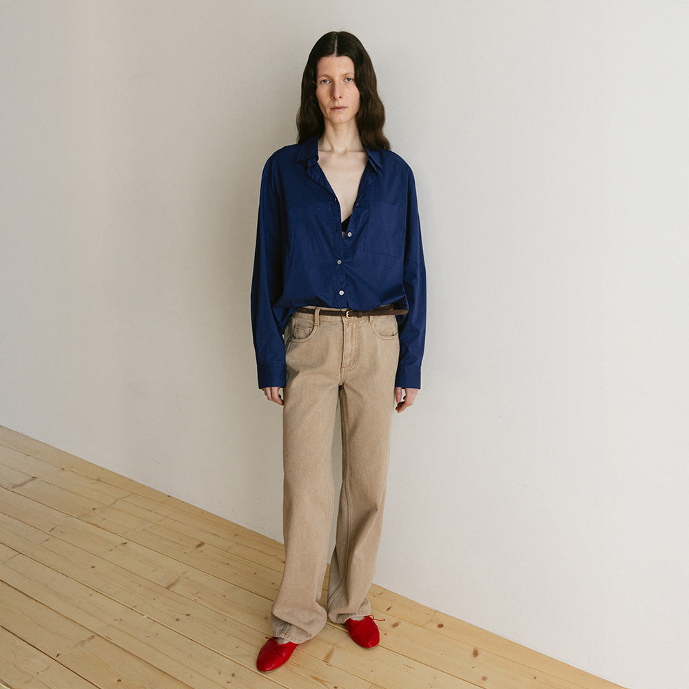 AND YOU Open collar shirt (Royal blue/Olive green/Butter stripe)_2GSUBL09